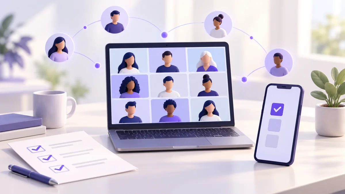 Ilustración de una asamblea online con videollamada, móvil y lista de comprobaciones